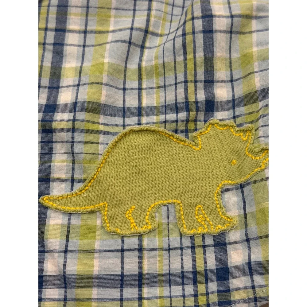 2006 Gymboree Boys Blue Green Plaid Dinosaur Applique Button Down Shirt 2T VTG